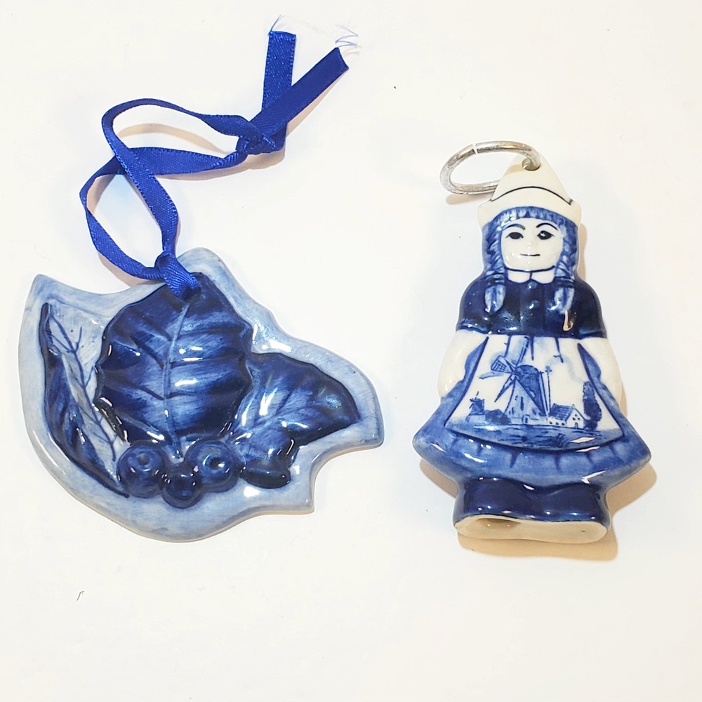 2 Delft Blue and White Holland Ceramic Christmas Tree Ornaments Holly Dutch Girl